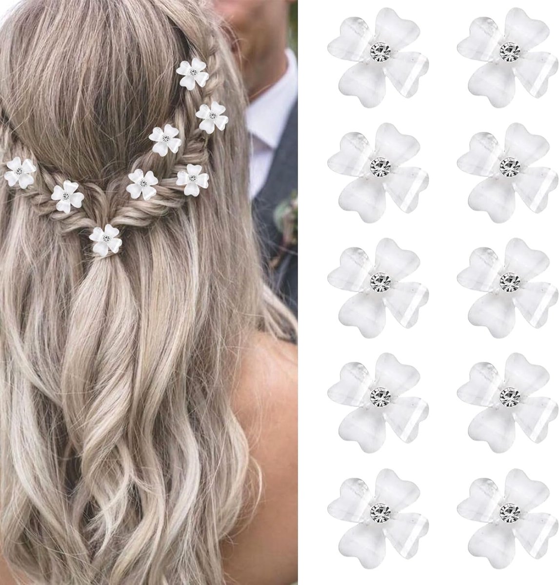 Mini Haarspelden met Witte Bloemen en Strasssteentjes - 10 Stuks