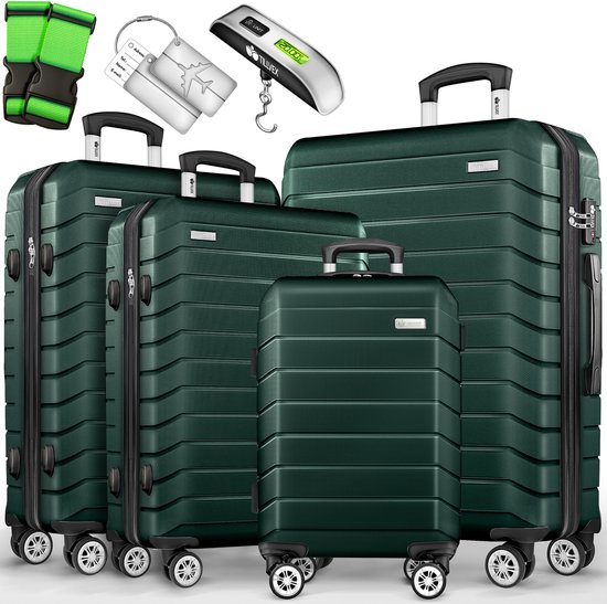 tillvex® reiskofferset 4-delig + bagageweegschaal, 8X kofferriemen & 4X kofferhangers | kofferset 4 wielen | trolley bagage koffer TSA-slot | set koffer met harde schaal S-M-L-XL, legergroen