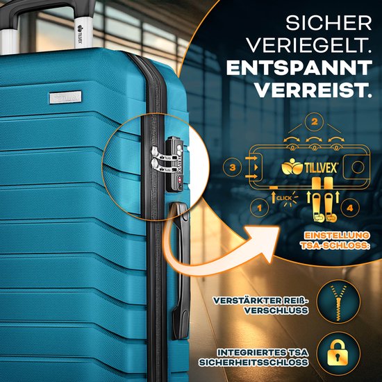 tillvex® reiskofferset 4-delig + bagageweegschaal, 8X kofferriemen & 4X kofferhangers | kofferset 4 wielen | trolley bagage koffer TSA-slot | set koffer met harde schaal S-M-L-XL, legergroen