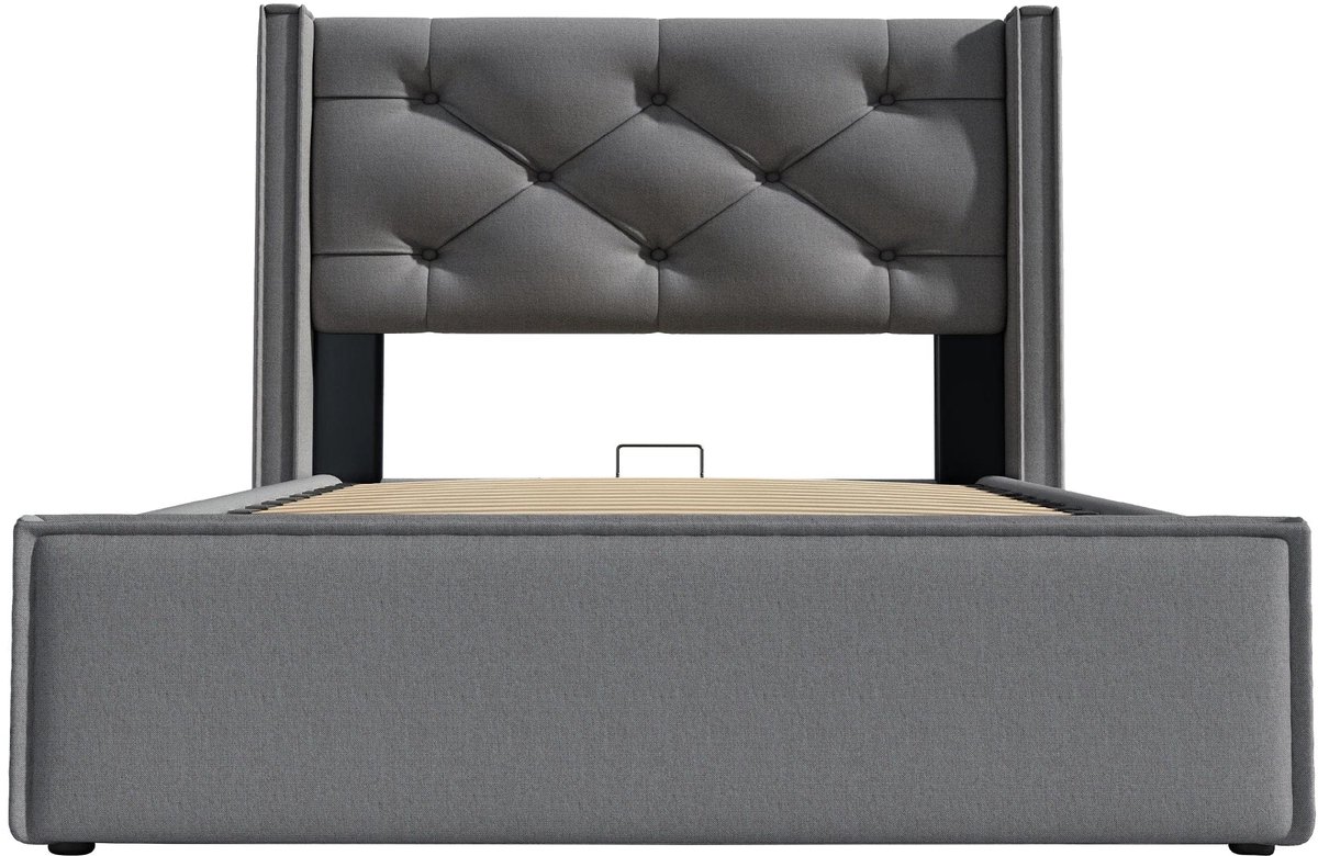 Bedframe – Eenpersoonsbed – Stalen Bed – Lattenbodem – Opbergruimte – Hydraulische Lift – Katoenen Hoofdeinde – 160x200 cm