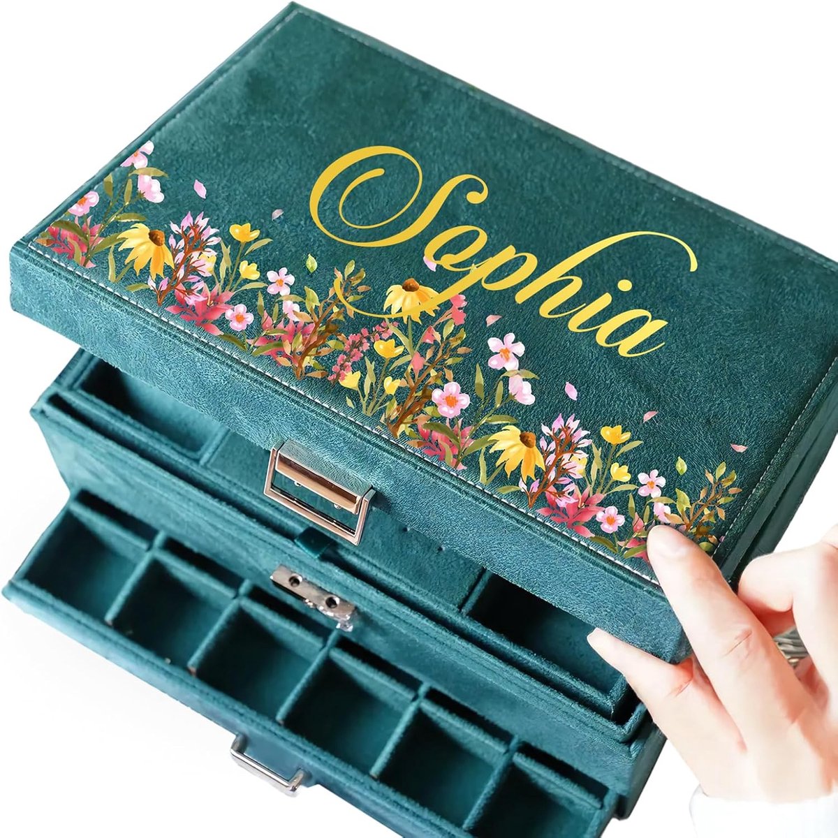 Grote gepersonaliseerde sieradendoos voor vrouwen met bloemen en naam, fluwelen organizer met lade