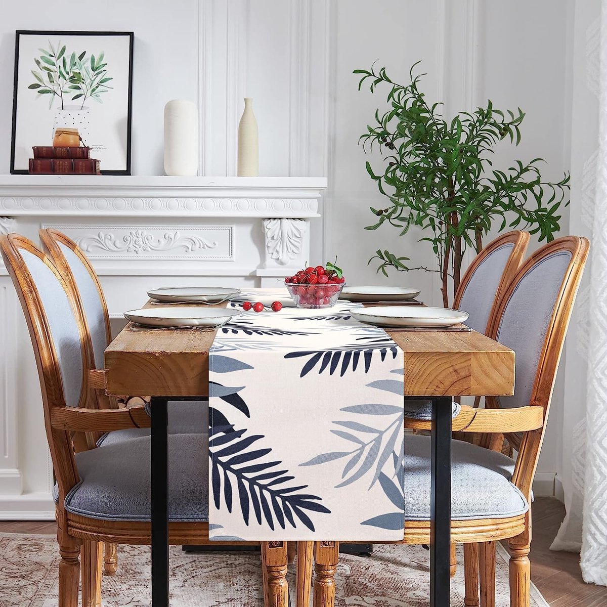 Moderne Tafelloper Blauw Grijs met Bladeren voor Feesten en Picnics 40 x 140 cm