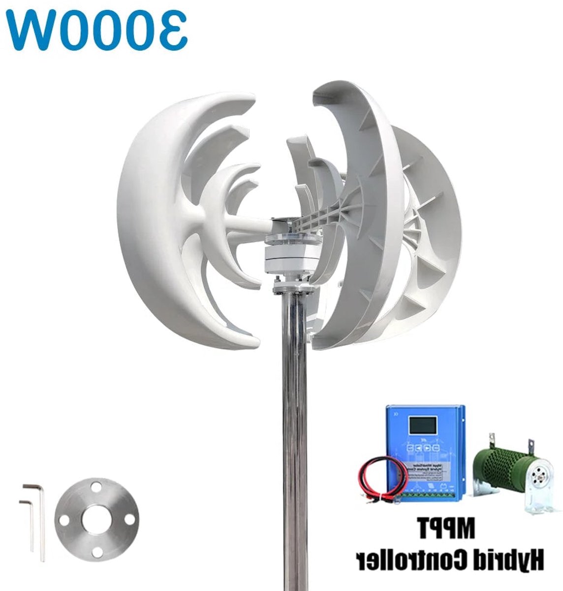 3000W Hybride Windturbine – Verticale As Generator – Zonne-energie Systeem – Accu-opslag – Omvormer – 48V Wit – MPPT Boost Controller – Geruisloos & Duurzaam