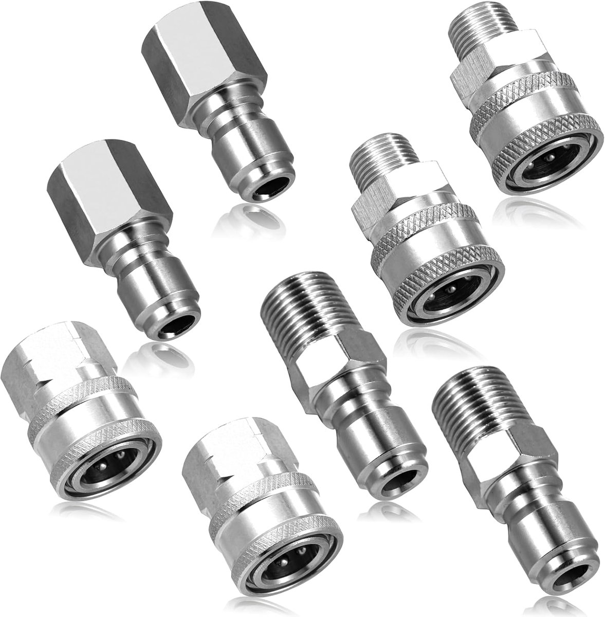 Een set van 4 NPT 1,9 cm roestvrijstalen snelkoppelingen (mannelijk en vrouwelijk) voor hogedrukreinigers (binnendraad, buitendraad).