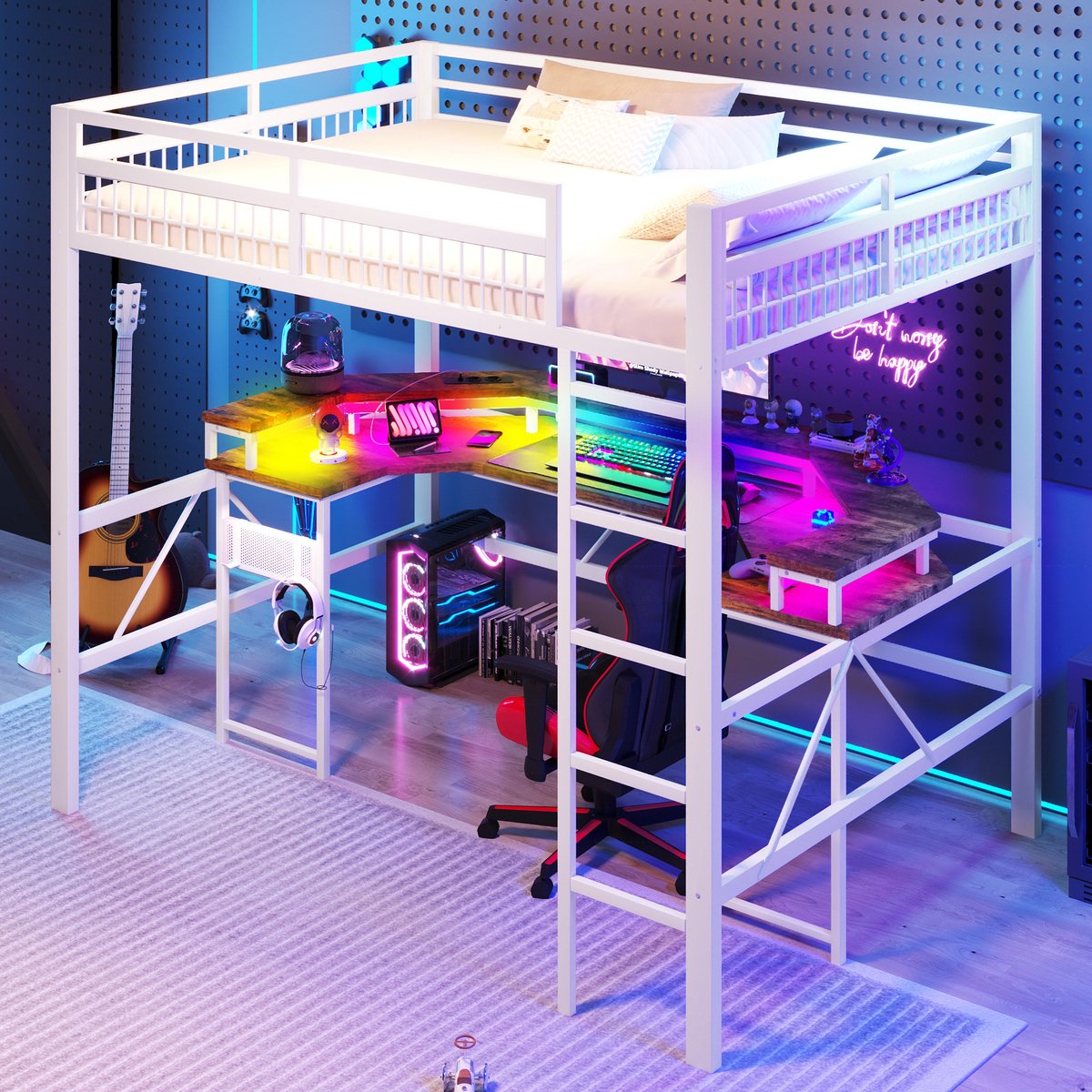 STILVORA Hoogslaper 140x200 cm – Met Bureau En Ledverlichting Met Appbediening – Met Oplaadpunten En Opbergbord – Voor Slaapkamer – Metaal En MDF – Zonder matras – Wit