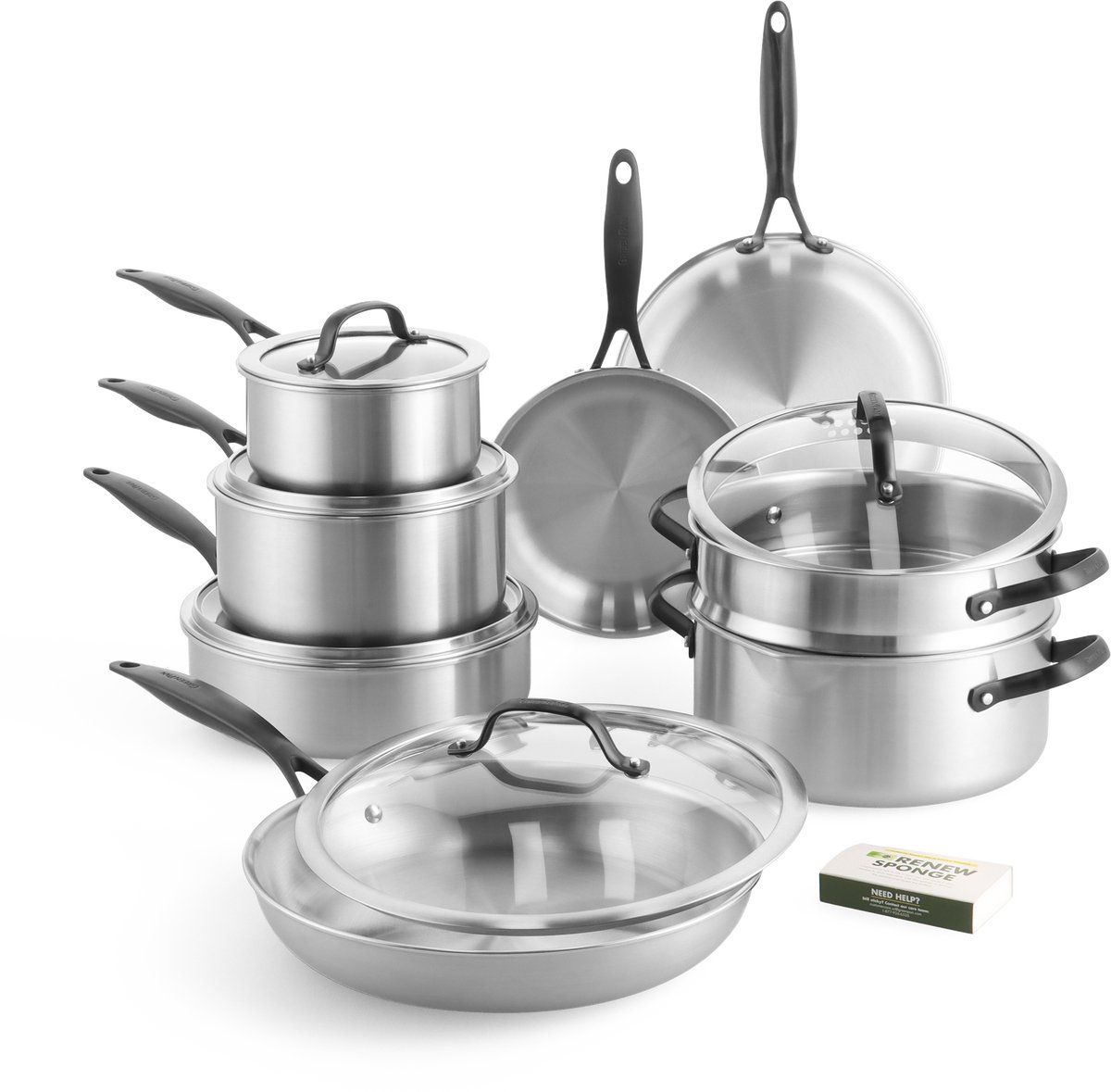 GreenPan Venice Pro Noir RVS Pannenset 14-delig - Zonder PFAS-antikleeflaag - RVS Pannenset- Pannenset inductie - Ovenbestendig tot 220°C - Met glazen deksel - Zilver