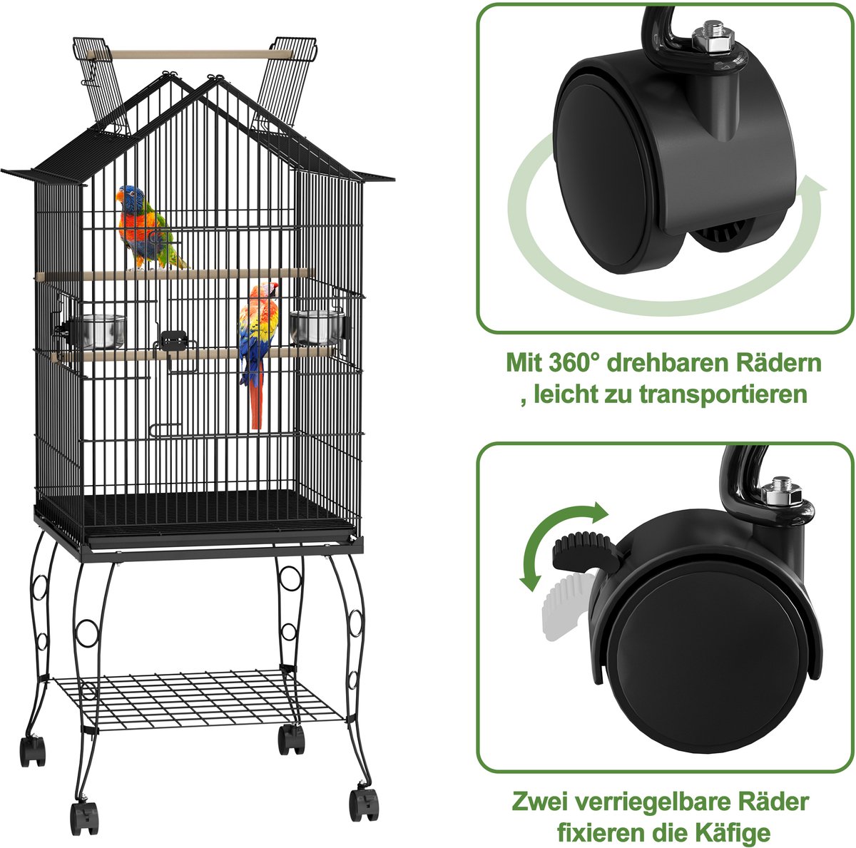 Froadp Vogelkooi met standaard Parkietkooi met te openen dak 55 x 55 x 145 cm Vogelvolière Papegaaienkooi Druppelvormige vogelkooi met voederhuisje en zitstok van hout voor parkieten thumbnail 4