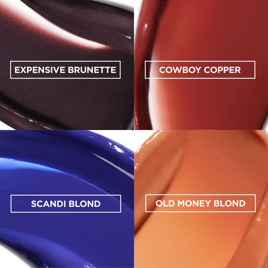 Close-up van vier Garnier Olia Gloss haarkleuren: Expensive Brunette, Cowboy Copper, Scandi Blond en Old Money Blond.