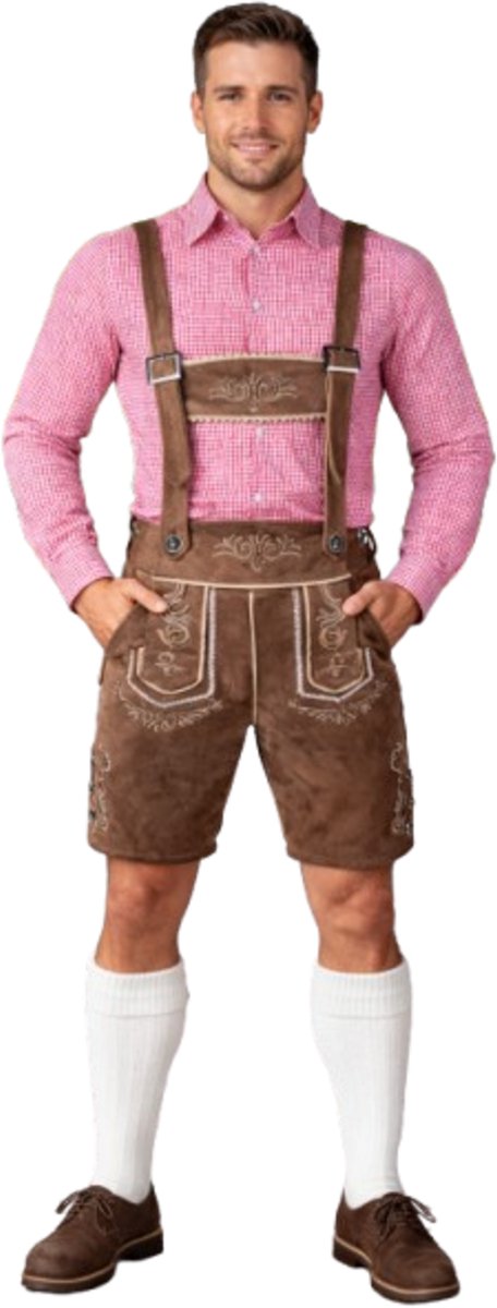 Pradeo - Complete Oktoberfest Outfit - Rood/Wit Geblokte Blouse - Bruine Lederhosen Met Details - Bijpassende Witte Lange Sokken - Heren - Mannen - Oktoberfest - Carnaval - Verkleden - Verkleedoutfit - One Size / Maat M