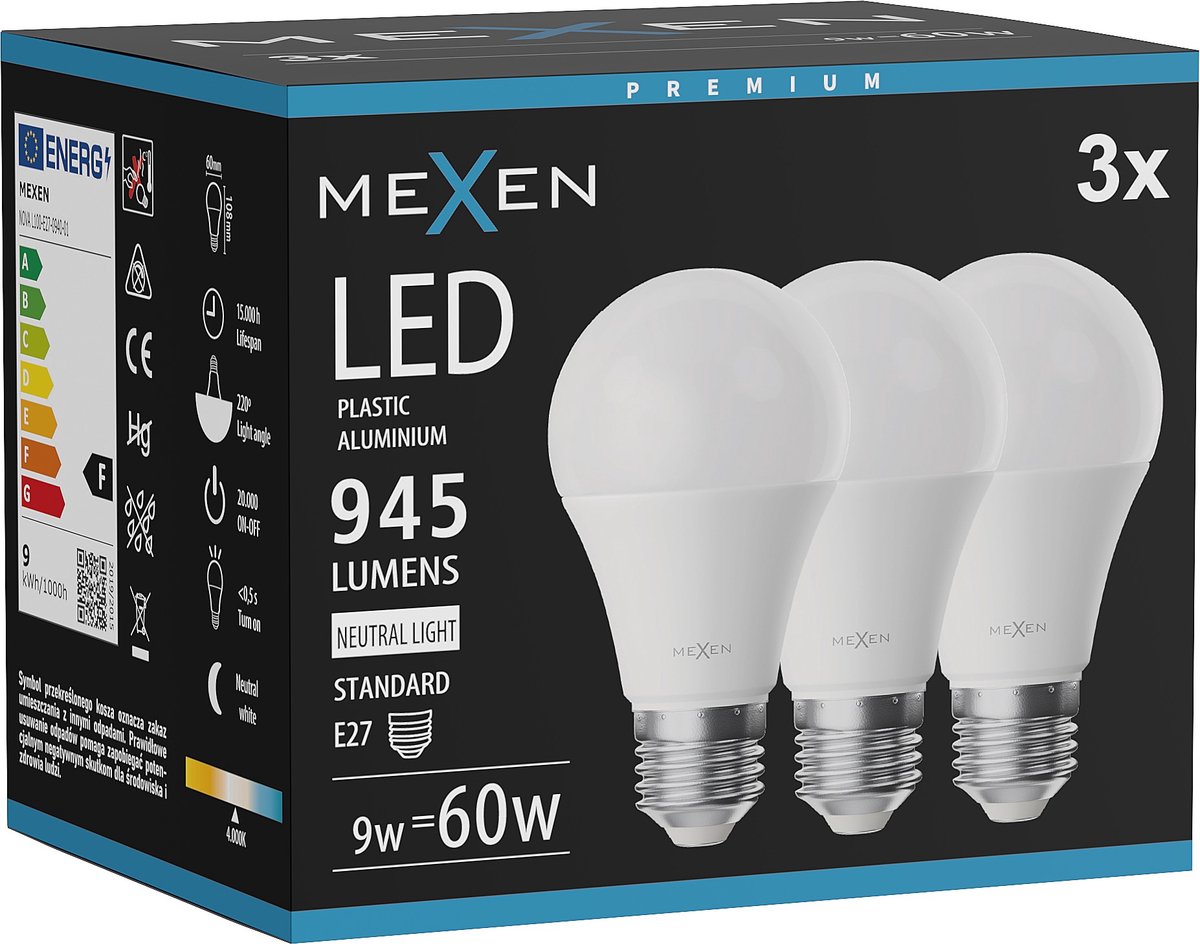 Mexen Nova 3x LED-lamp E27, A60, 9W, Neutraal - 4000K, 945 lm - L100-E27-0940-01x03
