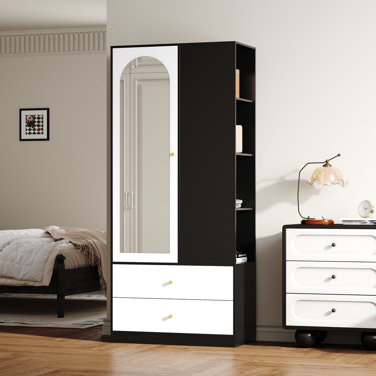 Sweiko Kledingkast - Met spiegel - 2 lades - 4 planken - 80x40x180 cm - Wit + Zwart