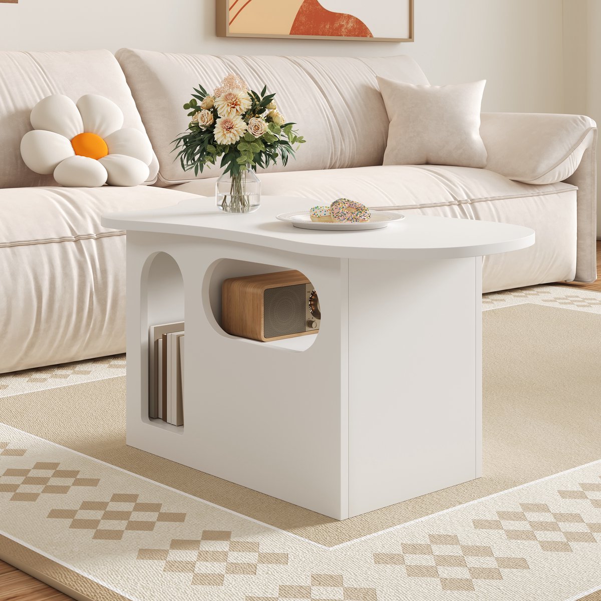 REDOM Salontafel 97x45x43,5 cm van spaanplaat, met lade en open vakken Wit