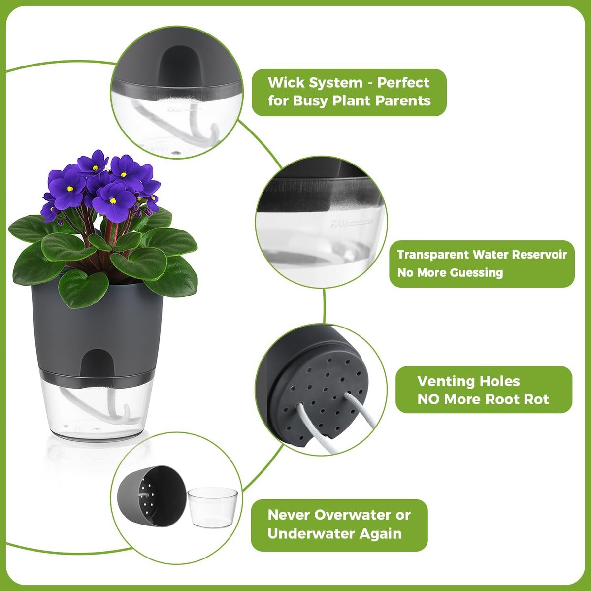 Set van 3 zelfwaterende bloempotten - Bloempotten - Transparante bloempotten - Met drainagegaten en waterabsorberend touw - Kunststof - Grijs — cadeau in Cadeau-ideeën - foto 2