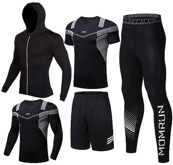 Vijfdelige sportset: hoodie, compressie-t-shirts, shorts en leggings met 'MOMRUN' print.