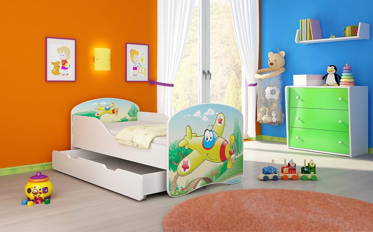 Kinderbed 70 x 140 cm met Matras, Lattenbodem en Bedlade, Vliegtuig Motif