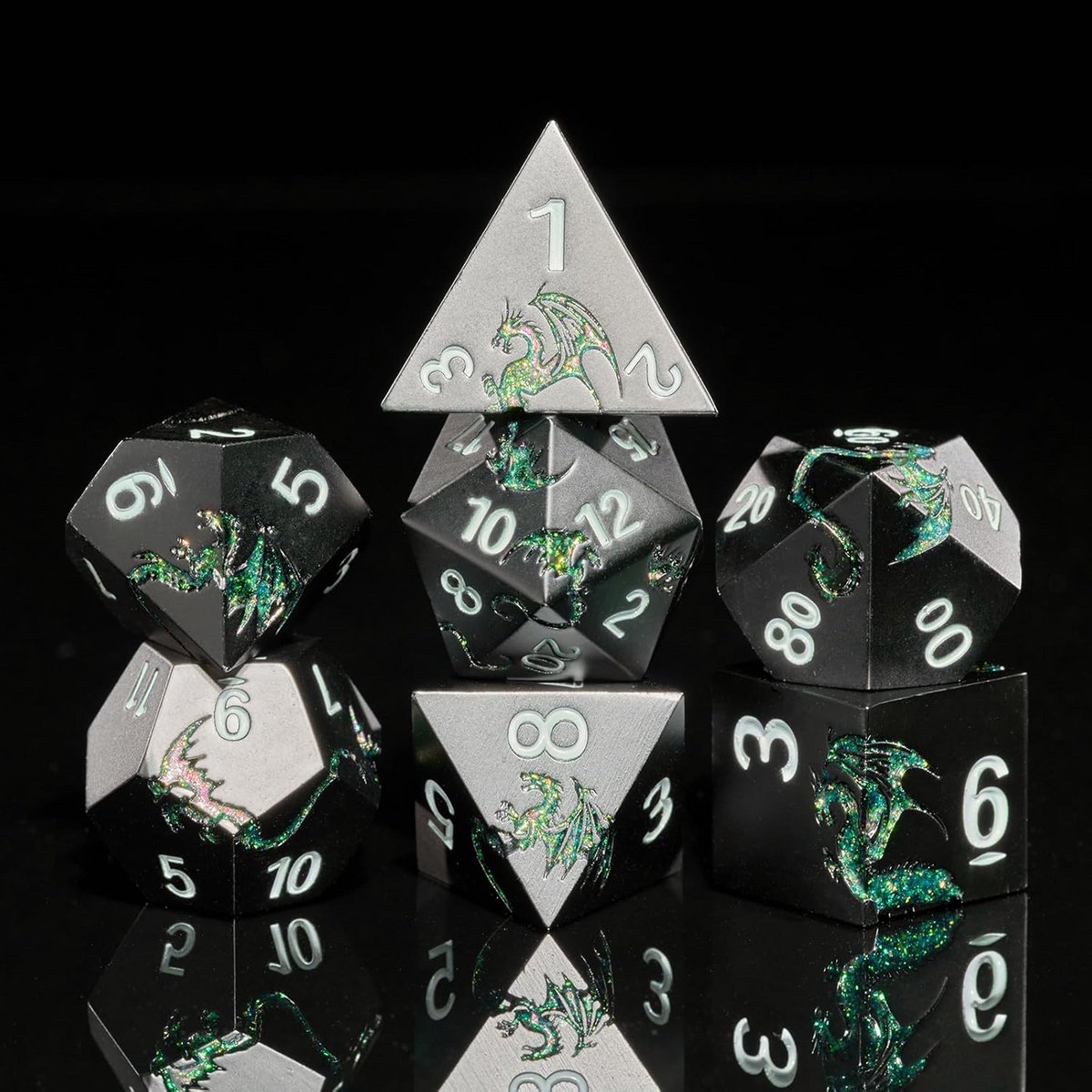 Metal D&D Dobbelstenen Set Polyhedraal voor Rollenspellen Zwart met Glitter