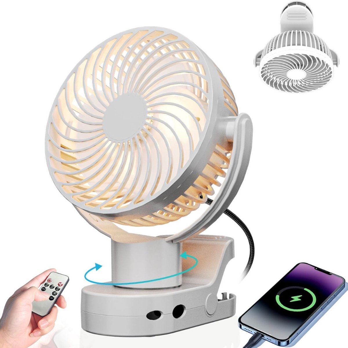 Stille Ventilator Premium 8000mAh Met Powerbank Functie – Tafelventilator Draadloos Met 4 Snelheden En 2 Lichtstanden – Stille Ventilator Met Afstandsbediening en Timer | USB-Oplaadbaar Met Clipmontage In Wit Design