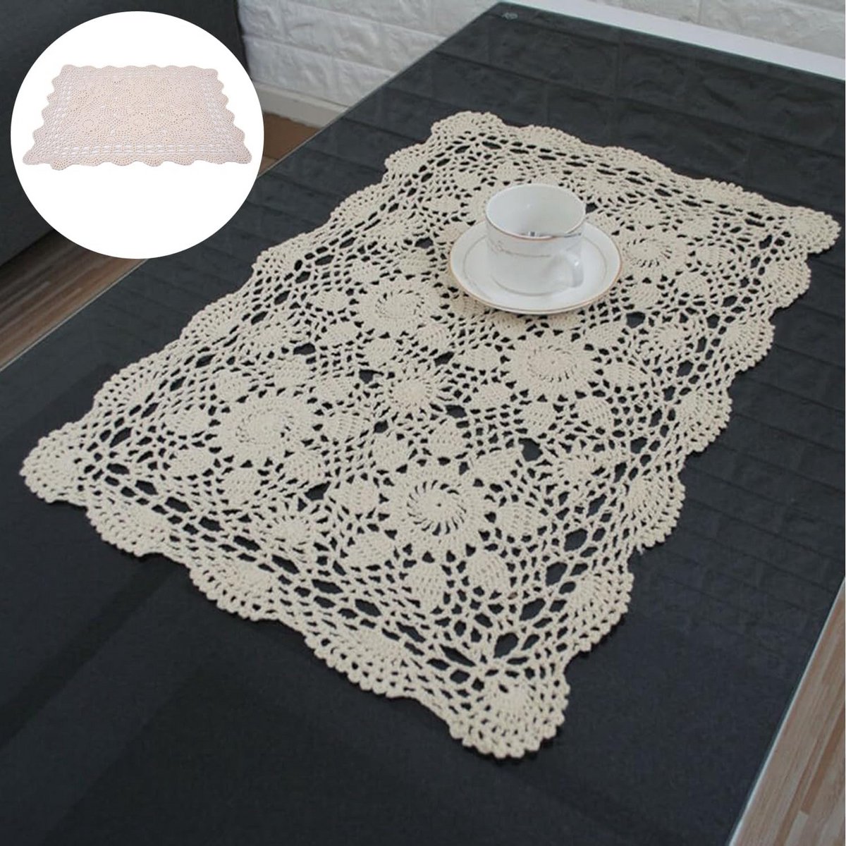 Beige Rechthoekige Gehaakte Tafelmat Katoen 40x60 cm Elegant Decoratief Kleed