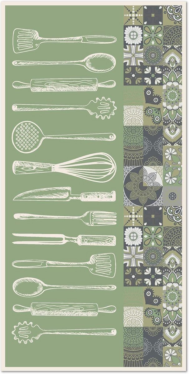 Groen Keuken Vinyl Tapijt met Kookgerei Print - Antislip PVC Vloerkleed 140x200 cm