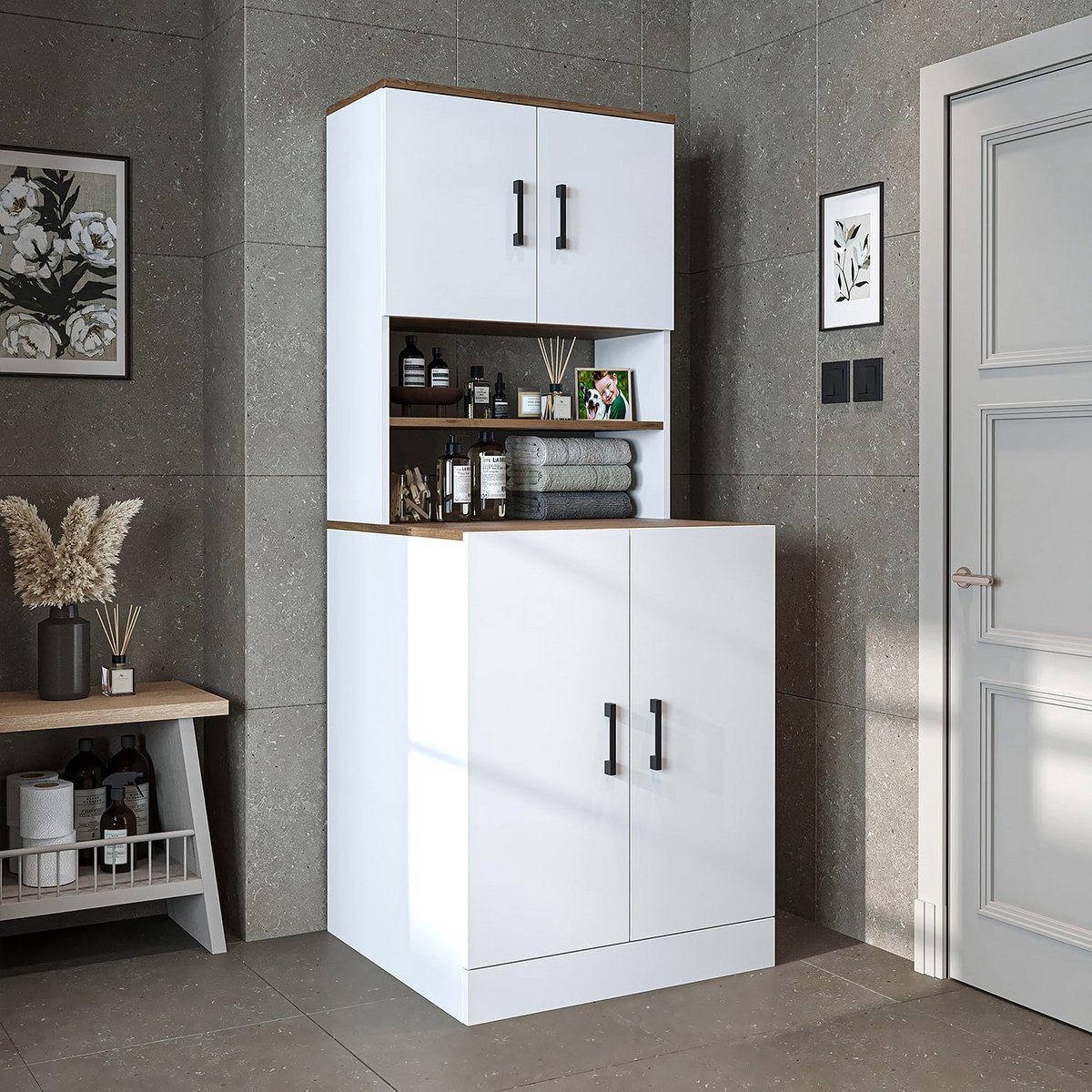Wastoren Badkamer Wasmachinekast Hoge Kast Wit Eikenhout 70x180x69 cm