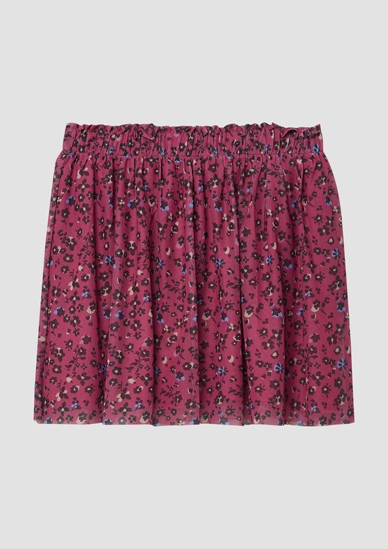 Donkerroze tule rok met bloemenprint en elastische tailleband.