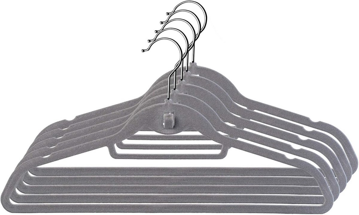 Set van 5 Donkergrijze Gevlokte Kleerhangers met Antislip en RVS Haak