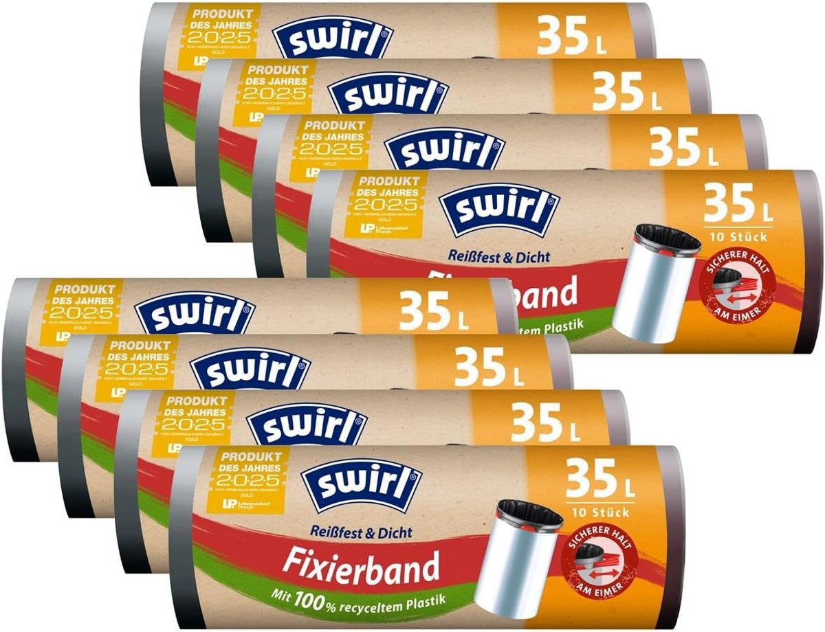 8 rollen vuilniszakken met fixeerband 35 liter 10 stuks per rol