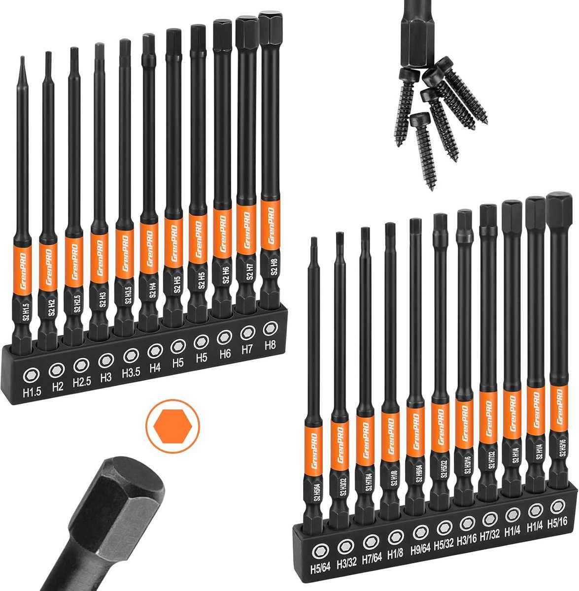 Inbussleutel Set met 22 Stuks Bithouders - Metrisch & SAE, Magnetisch, Voor Impact Driver