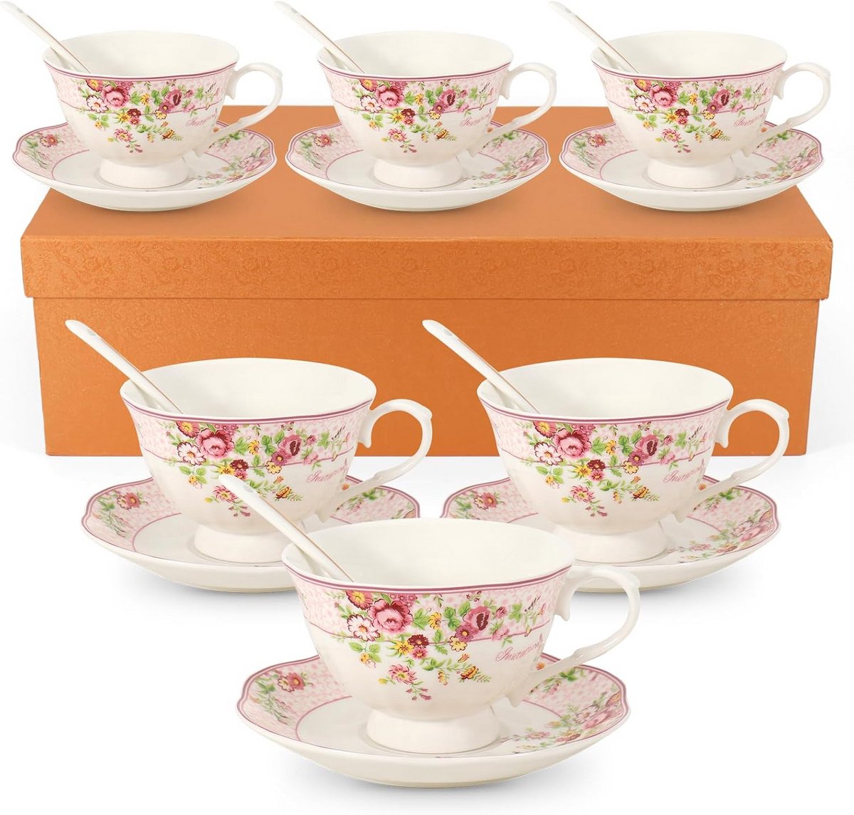 Set van 6 Grote Koffiekopjes met Schotel en Lepel - Vintage Bloemen Porselein