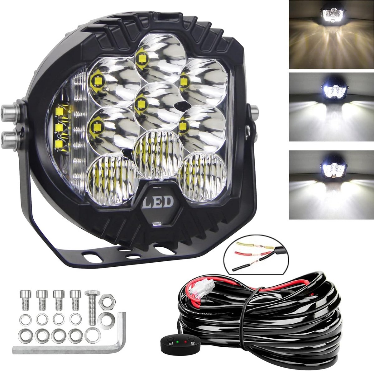 Ronde 50W LED Werklamp met Zijschotter en Kabelboom - 6000K Wit