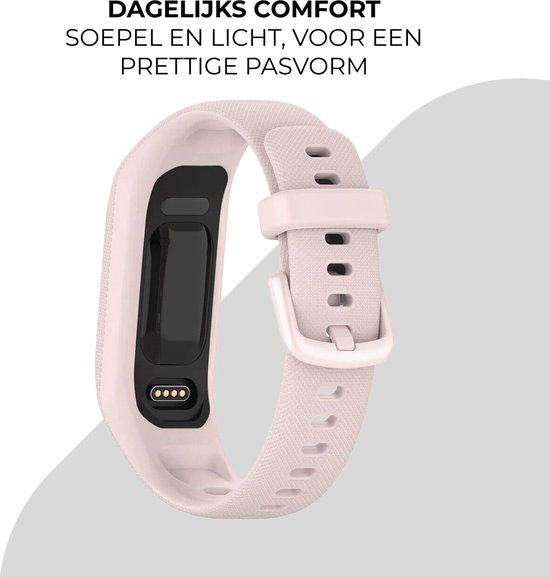 Roze siliconen smartwatch bandje, getoond op een witte achtergrond met tekst.