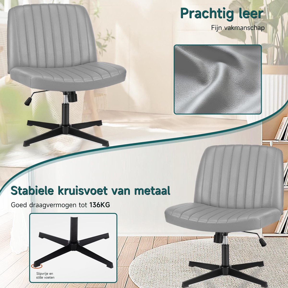 Hengjian Bureaustoel Draaistoel Hoogte Verstelbaar Grijs - afbeelding 2