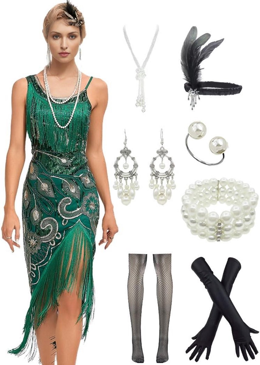 Lange Flapper Jurk Jaren 20 met Pailletten, Franjes en Art Deco Patroon - Inclusief Accessoires Set