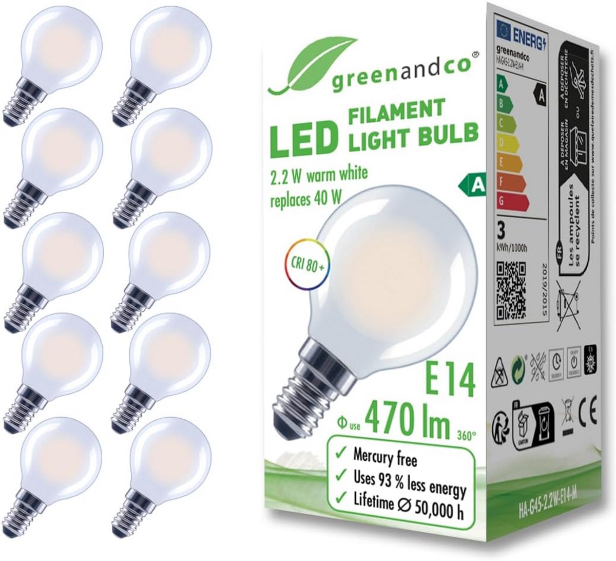 Set van 10 LED Filament Lampen E14 Kleine Fitting Warm Wit Energiezuinig 470lm
