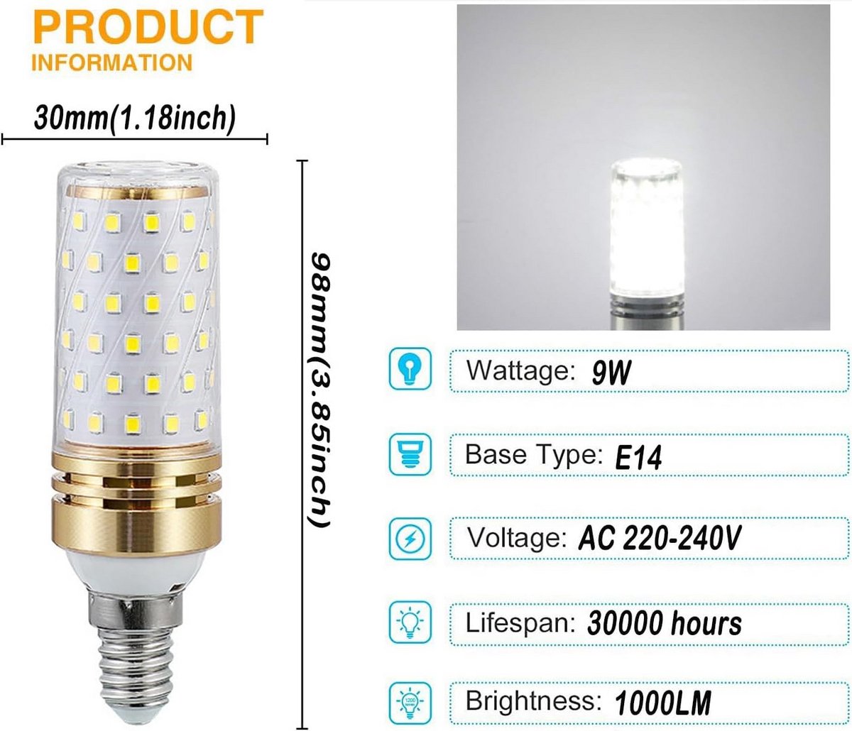 E14 LED Gloeilamp 9W Koudwit 1000 Lumen Vervangt 100W Halogeen 4 Stuks