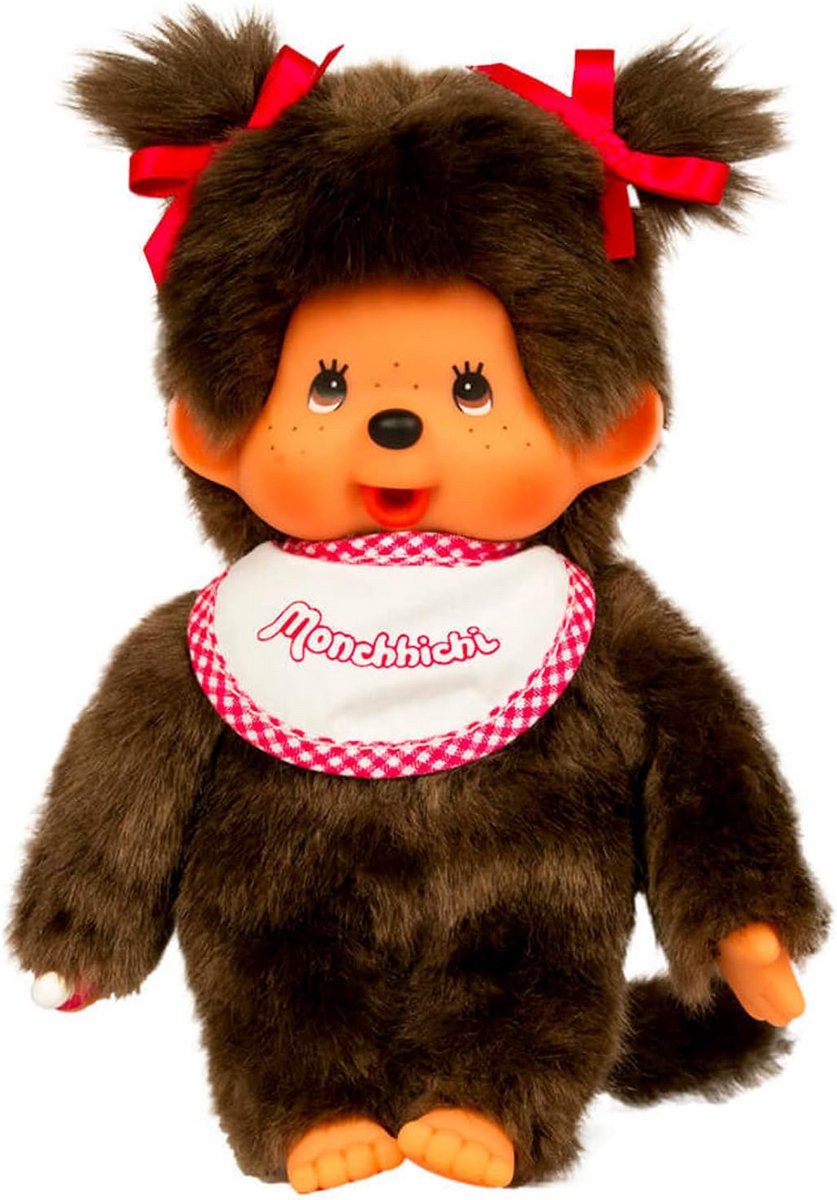 Knuffel Aapje Meisje Roze en Wit Slabbetje 20cm - Iconisch Pluchen Speelgoed voor Kinderen en Volwassenen