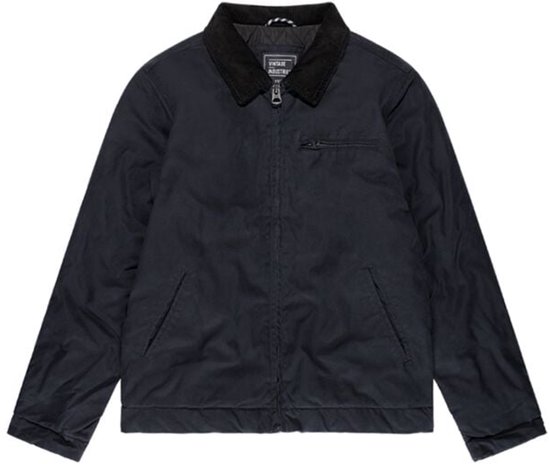 Donkerblauwe jas van Vintage Industries met corduroy kraag en ritssluiting. Borstzak met rits.