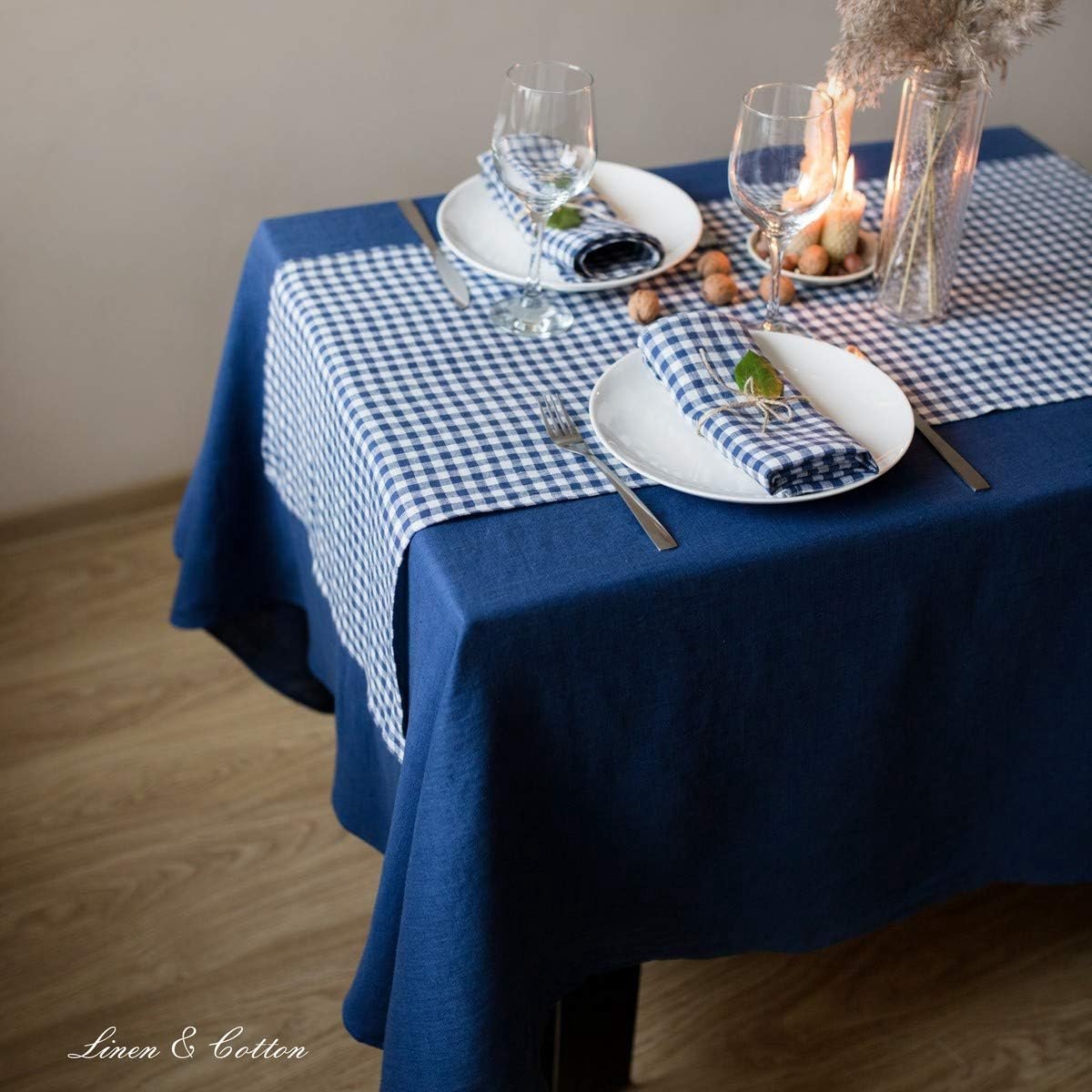 100% Linnen Tafelkleed Donkerblauw Wasbaar voor Keuken en Eettafel 140x350 cm
