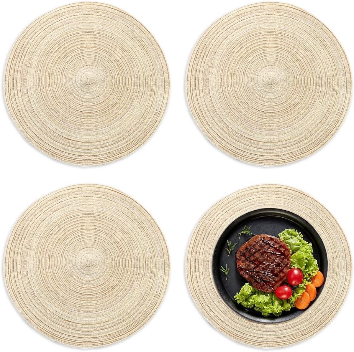 4x Ronde Geweven Placemats Set Beige 30 cm - Antislip en Hittebestendig