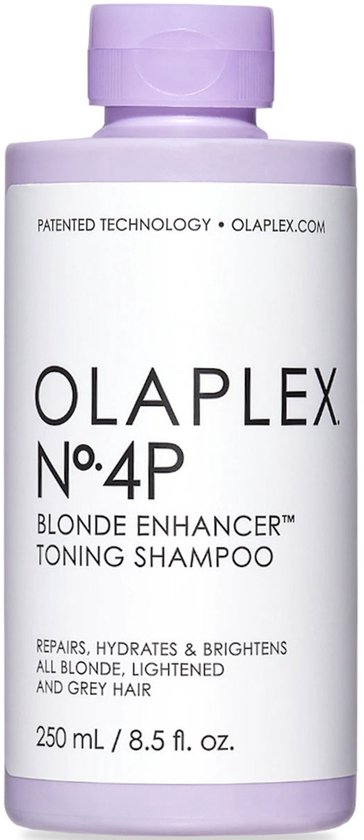 Fles Olaplex No.4P Blonde Enhancer Toning Shampoo, 250 ml, met een paarse dop.