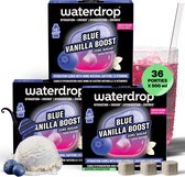 Drie verpakkingen waterdrop Blue Vanilla Boost met vanille-ijs en bosbessen. 36 porties x 500 ml.
