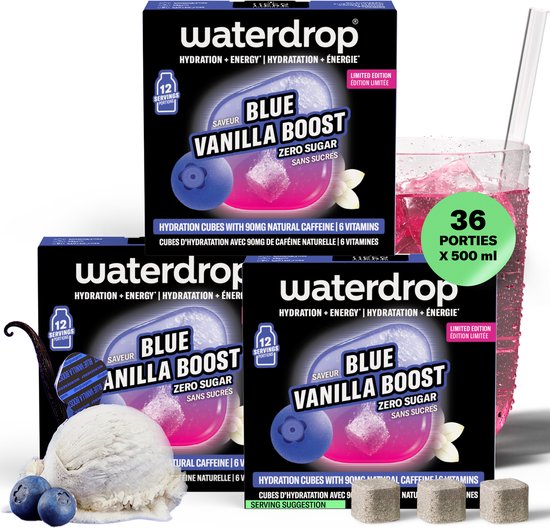 Foto: Waterdrop microenergy blue vanilla set suikervrije energie drink poeder water smaak cafe ne natuurlijk caloriearm focus sport werk hydratie