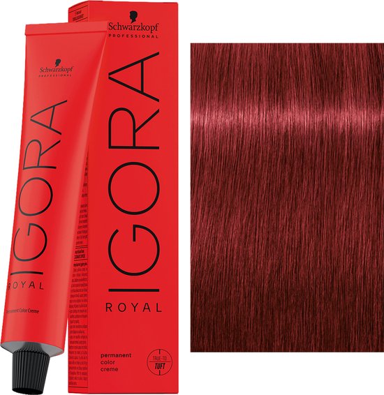 Schwarzkopf Professional IGORA ROYAL permanente haarkleur creme, met een sample van rood haar, rode verpakking met verticale IGORA ROYAL tekst.