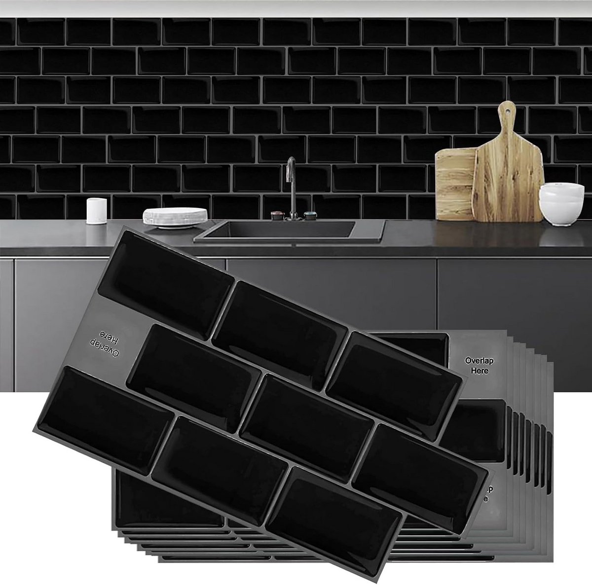 Zelfklevende Wandtegels 3D Vinyl Keuken en Badkamer Spatbescherming Zwart