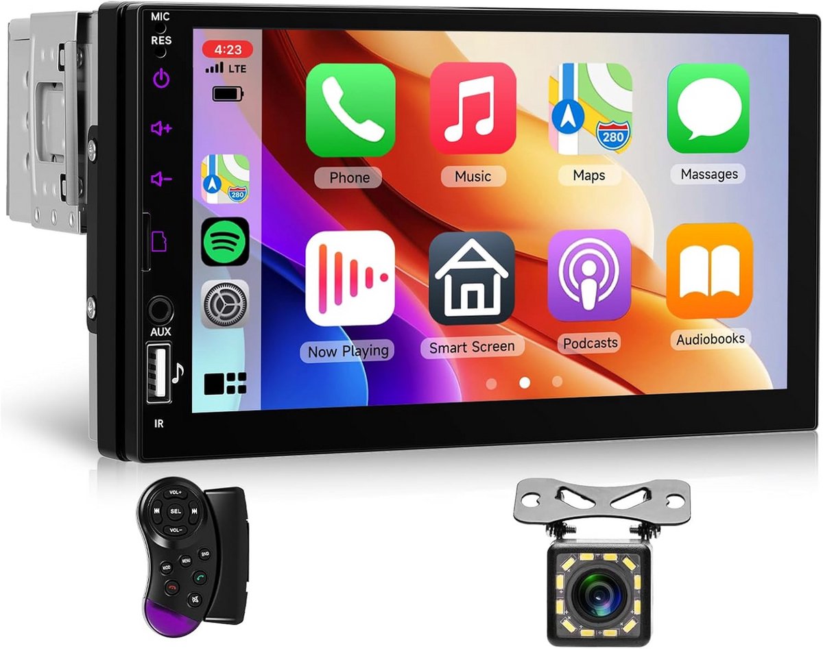 1 DIN Autoradio met Draadloze Carplay & Android Auto, 7 Inch Touchscreen, Bluetooth, USB Type-C en Achteruitrijcamera