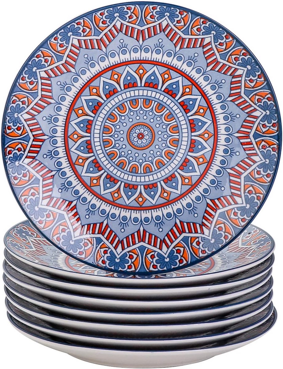 8-Delige Dessertborden Set in Boheemse Stijl, Mandala Design, Porselein 21,2 cm