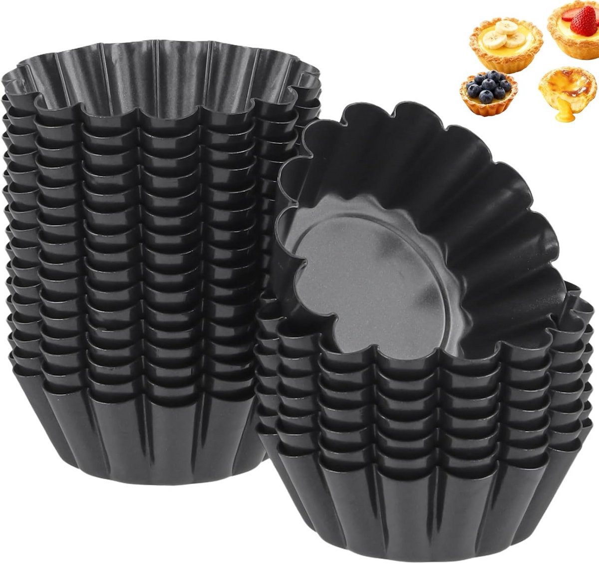 24 Stuks Mini Taartvormpjes Zwart 6,5 cm - Anti-aanbak Koolstofstaal