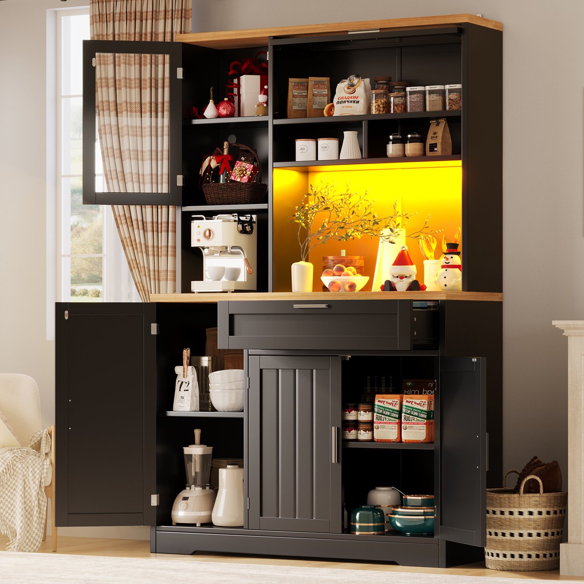 Keukenkast - hoge kast - vitrinekast met LED-verlichting - 104x40x180 cm - voor keuken en woonkamer - zwart