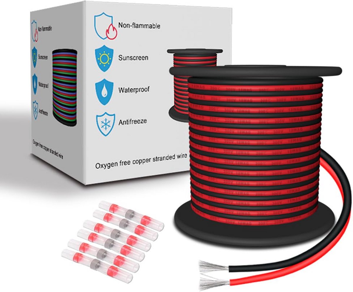 Elektrische Siliconen Kabel 18 AWG Rood Zwart - 15 Meter Flexibel 2 Aders Vertind Koper