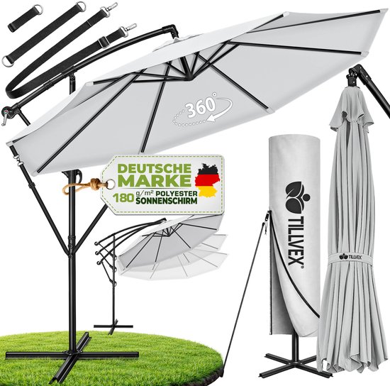 Grijze zweefparasol met 360° draaimogelijkheid, beschermhoes en 'Deutsche Marke' label.